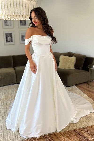 Simple Off the Shoulder Soft Satin Wedding Dresses MD4062308