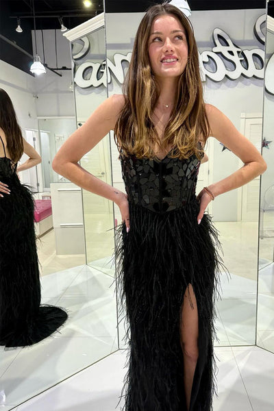 Black V Neck Mirror-Cut Feathered Long Prom Dress with Slit MD120502