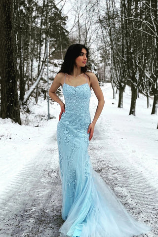 Mermaid Scoop Neck Blue Tulle Lace Long Prom Dresses MD092312