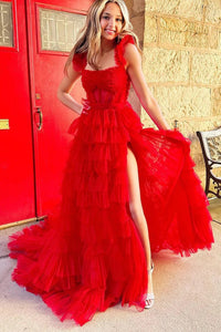 Red Tulle Appliques Ruffle A-Line Long Prom Dress with Slit MD122504