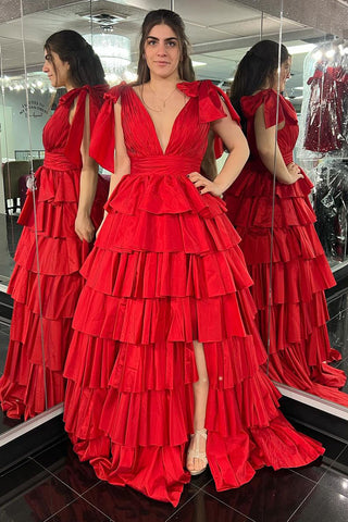 Cute A-Line V Neck Red Ruffle Tiered Satin Long Prom Dress MD4022302