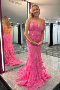 Pink Halter Lace Appliques Mermaid Long Prom Dresses MD120102