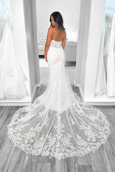 Mermaid V Neck Tulle Appliques Wedding Dresses with Train MD4052603