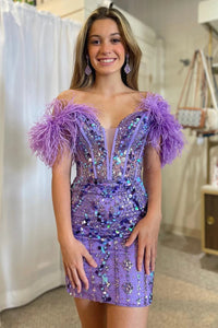 Lavender Sequin Beading Short Homecoming Dress with Feathers LD3063008