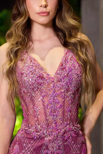 Stunning Purple V Neck Spaghetti Straps Appliques Mermaid Long Prom Dress DM25102801