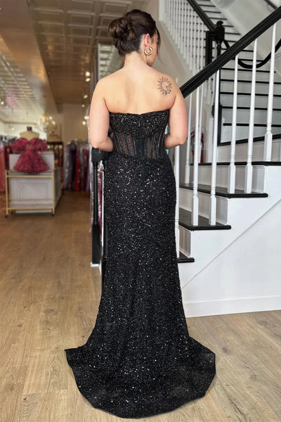 Black Strapless Mermaid Sequins Long Prom Dress with Slit MD121904