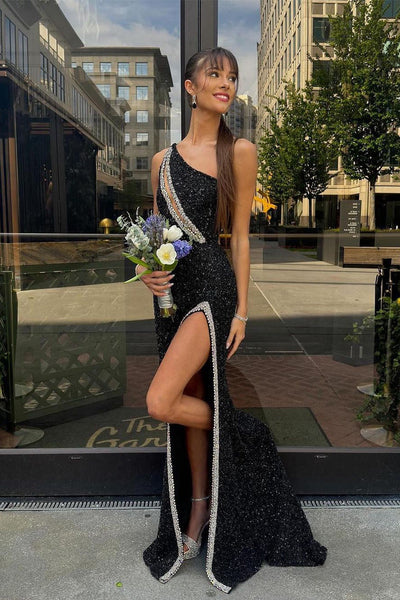 One Shoulder Black Sequins Long Mermaid Prom Dresses with Beading DM24082405