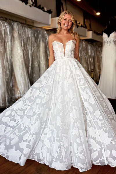 Romantic A Line Strapless Lace Long Wedding Dresses DM24102913