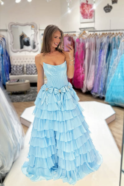 Cute A Line Scoop Neck Light Blue Tiered Chiffon Prom Dress with Bow DM1111002