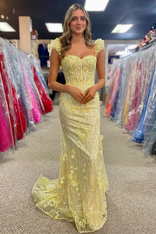 Yellow Sweetheart Sequins Lace Long Prom Dresses MD4012002