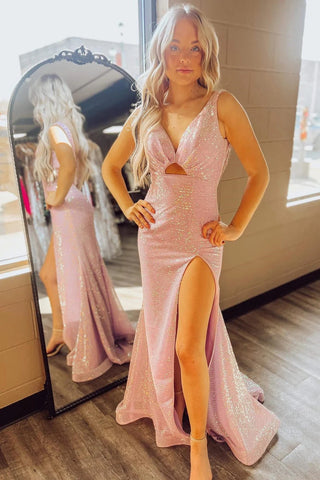 Pink Sequin Keyhole Open Back Mermaid Long Dress with Slit MD102901