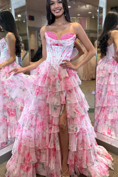 Gorgeous A Line Sweetheart Tiered Floral Chiffon Prom Dress with Slit DM52102903