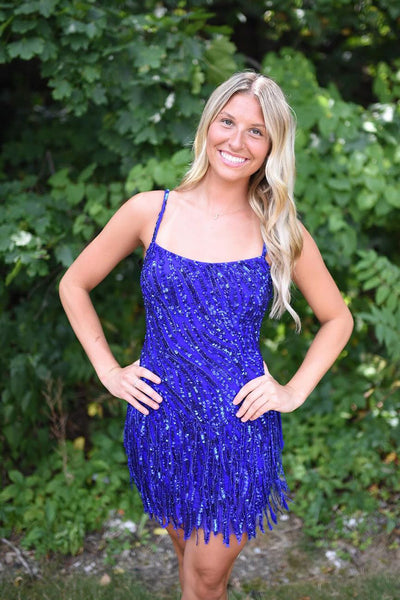 Bodycon Scoop Neck Royal Blue Sequins Short Homecoming Dresses DM24080805