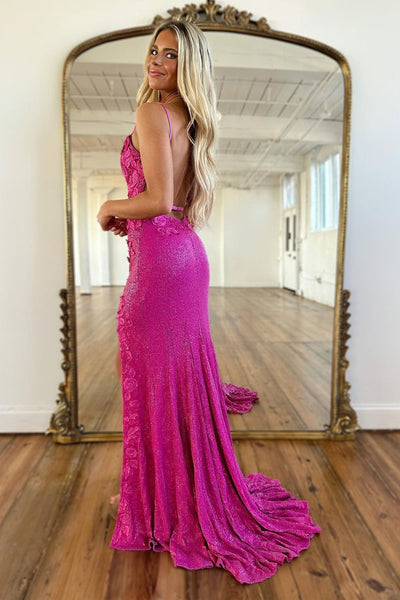 Purple V Neck Sequins Mermaid Long Prom Dress with Slit MD4032503