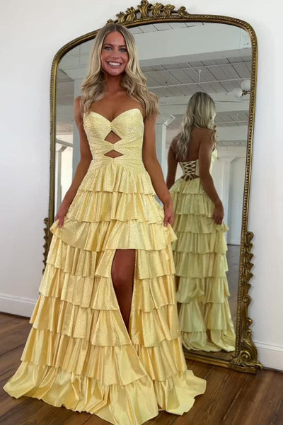 Gorgeous Sweetheart Daffodil Tiered Hot Fix Satin Prom Dress with Slit DM52102708