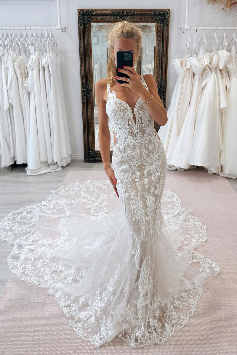 Gorgeous Mermaid V Neck Lace Wedding Dresses with Train DM4070206