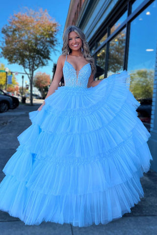 Light Blue V Neck Ruffle Tiered Tulle Long Prom Dresses with Appliques MD4022703