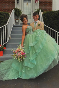 Cute Ball Gown Sweetheart Sage Green Tulle Long Prom Dresses with Appliques DM24101503