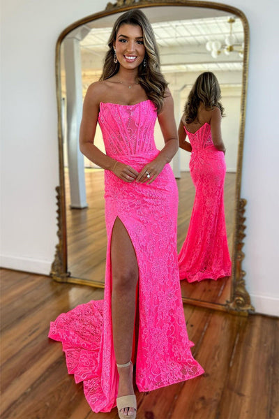 Mermaid Strapless Pink Lace Long Prom Dress with Slit DM4063007