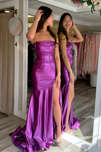 Charming Mermaid Strapless Purple Metallic Satin Prom Dress with Slit DM16021107