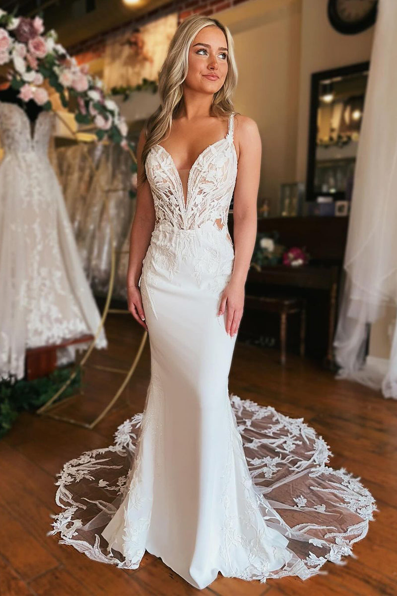 Mermaid V Neck Satin Wedding Dresses with Appliques MD4012603