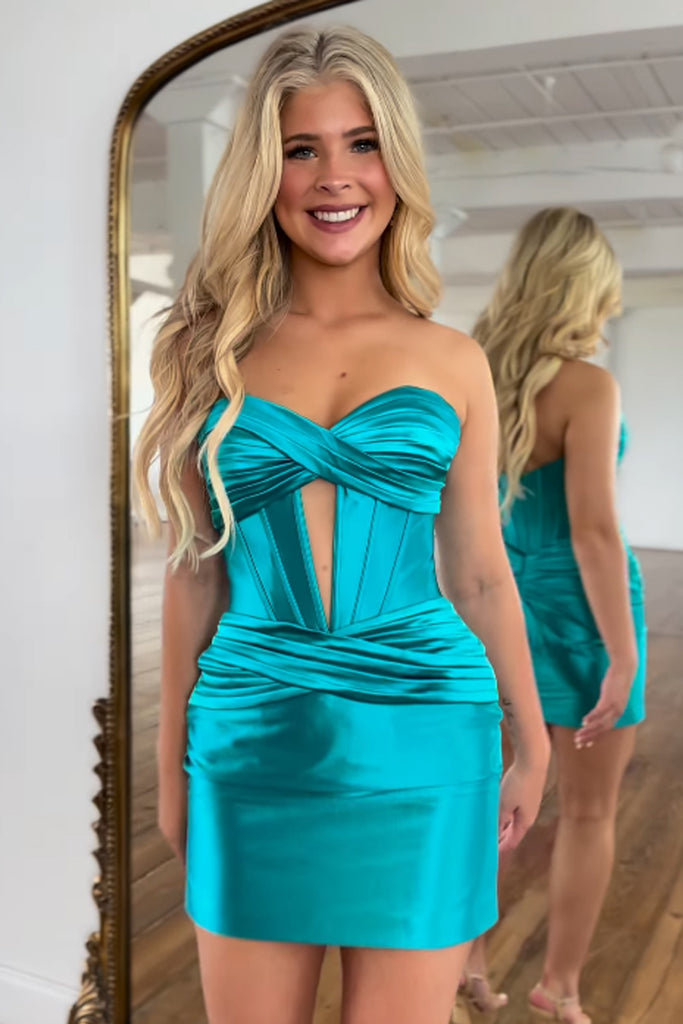 Bodycon Strapless Blue Satin Short Homecoming Dresses MD4052902 Dressmeet Bodycon Strapless Blue Satin Short Homecoming Dresses MD4052902 Dressmeet
