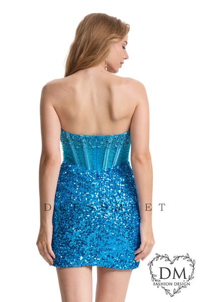 Bodycon Strapless Blue Sequin Beaded Short Homecoming Dresses DM24072004