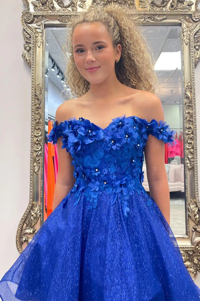 Sparkly Royal Blue Off the Shoulder Short A-Line Homecoming Dresses DM24080601