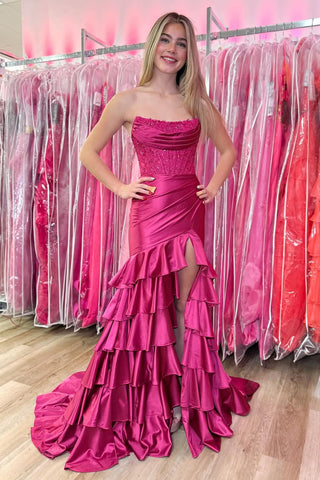 Charming Mermaid Scoop Neck Tiered Prom Dress with Slit DM020601