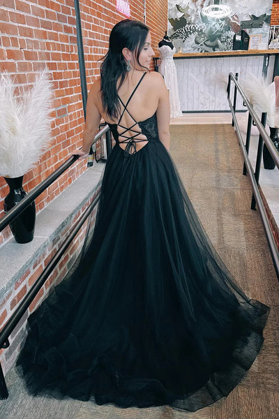 Tulle Spaghetti Straps Lace-Up Back Black Long Prom Dress with Slit DM3082825