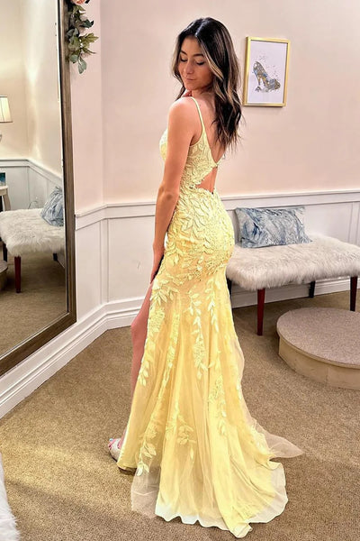 Gorgeous Mermaid Spaghetti Straps Yellow Long Prom Dress with Appliques MD4011304