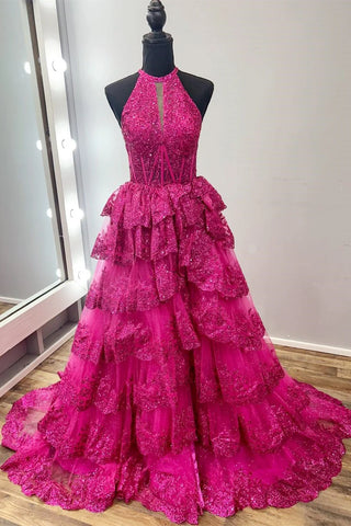 Gorgeous Ball Gown Halter Fuchsia Tulle Long Prom Dresses with Appliques DM24101904