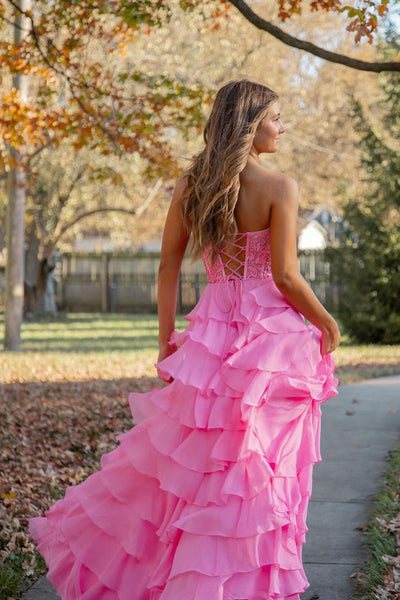 Pink Sweetheart Tiered Chiffon Long Prom Dress with Appliques MD4012605