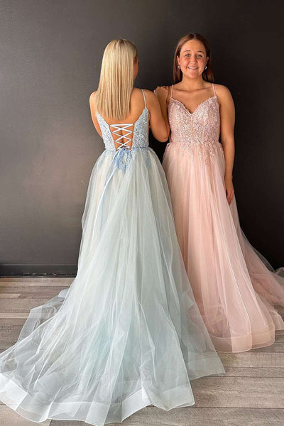 Blue Tulle V Neck A-Line Prom Dress with Appliques MD113005