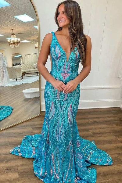 Blue Straps V-Neck Sequins Sleeveless Mermaid Long Prom Dress DM25102803