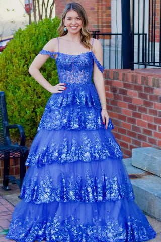 Tulle Sequin Cold-Shoulder Ruffle Tiered Long Prom Dress MD122301