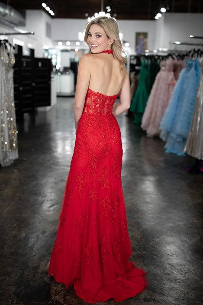 Red Halter Lace Mermaid Long Prom Dress with Slit MD4022903