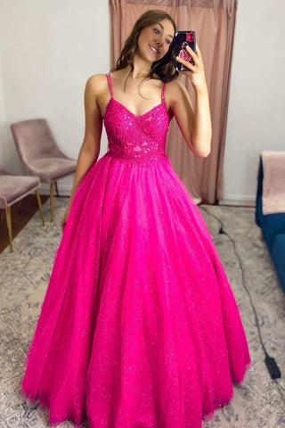 Fuchsia Tulle Lace V-Neck A-Line Long Prom Dress MD093007