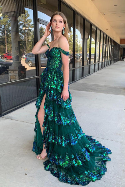 Green Off the Shoulder Sequins Lace Ruffle Tiered Long Prom Dress with Slit MD4032402