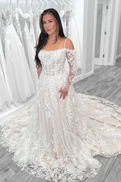 Dazzling A-Line Cold Shoulder Lace Wedding Dress with Appliques DM4070709