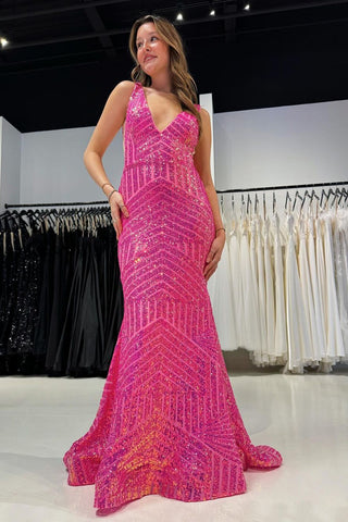 Cute Pink Sequins V Neck Mermaid Long Prom Dress MD4031002