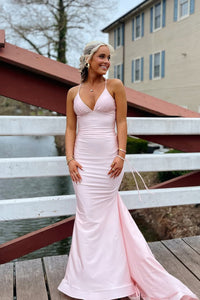Mermaid V Neck Pink Eleastic Satin Prom Dresses DM050213