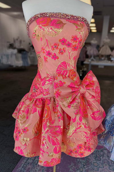 A Line Strapless Jacquard Satin Homecoming Dress with Bow DM12060904