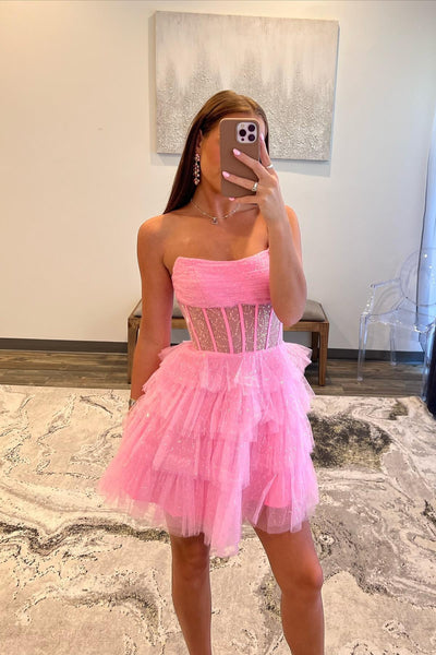 Pretty Strapless Pink Tiered Tulle Short A-Line Homecoming Dresses DM4072305