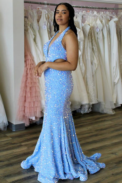 Blue Iridescent Sequin Halter Trumpet Long Prom Dress MD121202