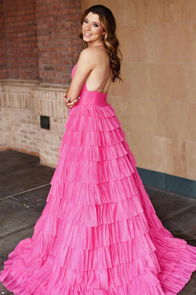 Pleated Magenta Straps Ruffle Layered Formal Dress MD112705