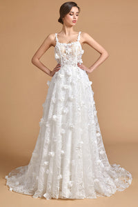 Gorgeous Ball Gown Scoop Neck Sparkly Lace Long Wedding Dresses with 3D Flowers DM082715