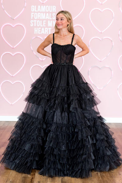 Black Sweetheart Ruffle Tiered Tulle Prom Dress with Beading MD4042902