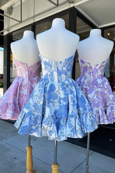 Sweetheart A Line Light Blue Jacquard Satin Homecoming Dress DM161702