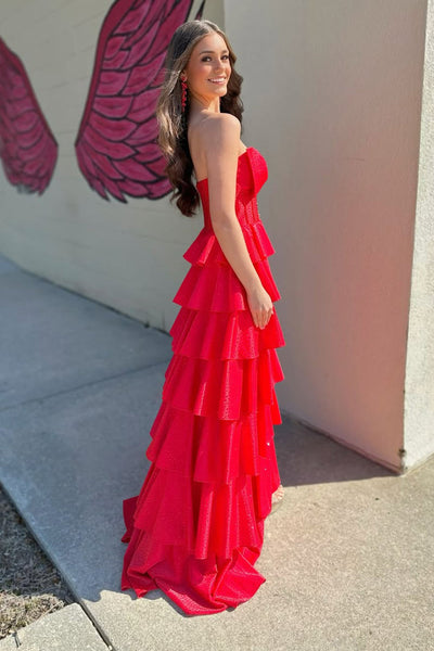Gorgeous A Line Strapless Red Hot Fix satin Prom Dress with Slit DM16021102